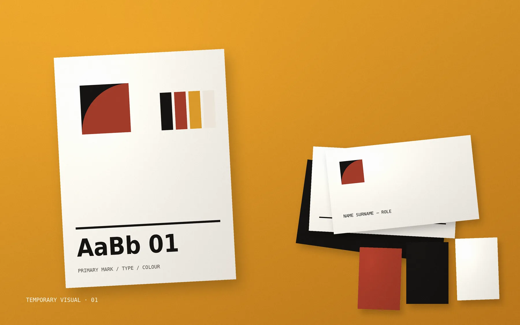 Temporary visual: abstract identity board with a poster, cards and colour chips on saffron