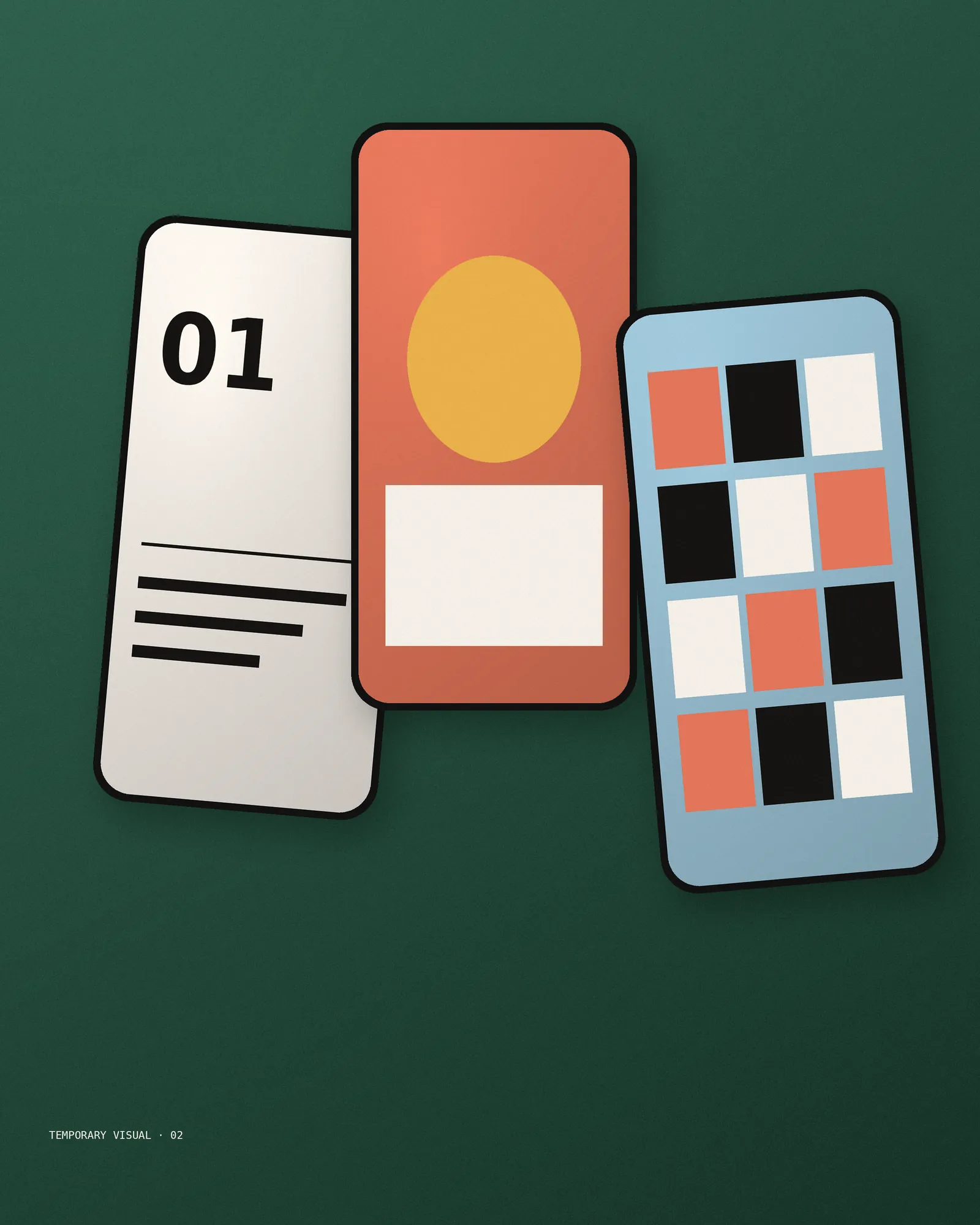 Temporary visual: three phone screens with abstract social posts on deep green