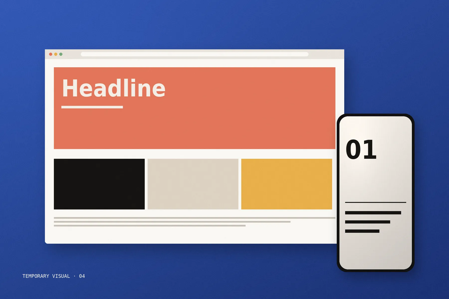 Temporary visual: abstract website layout in a browser window and on a phone, on blue